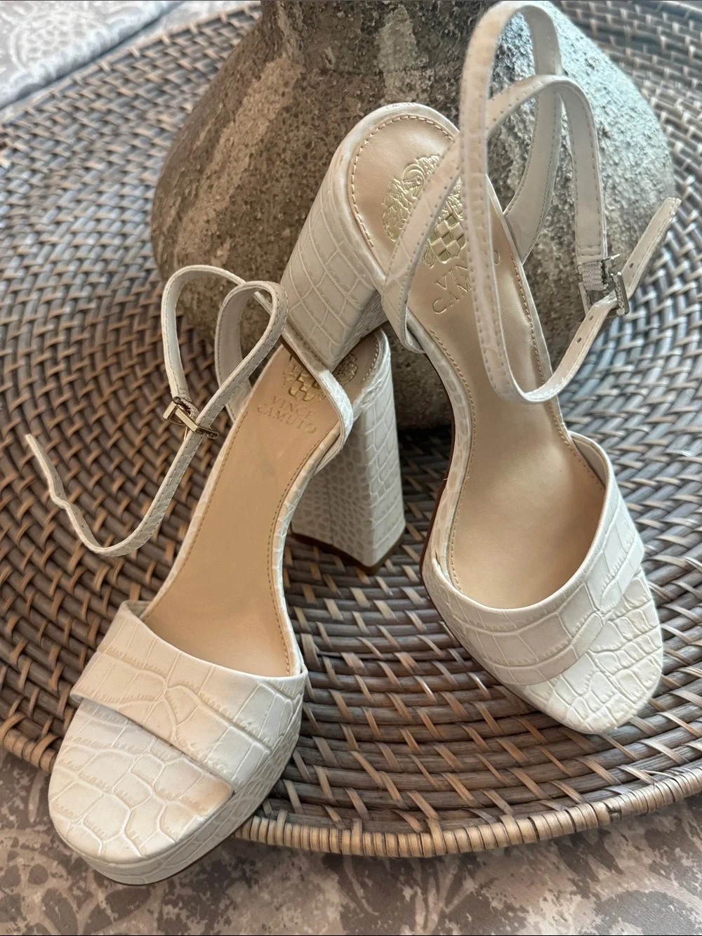 Vince Camuto Cream Croc-Embossed Platform Block Heels